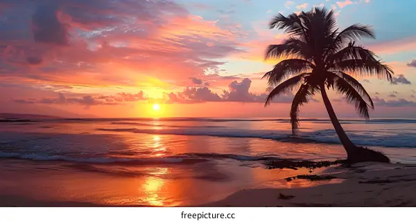 Palm tree on the beach with a beautiful sunset in the background