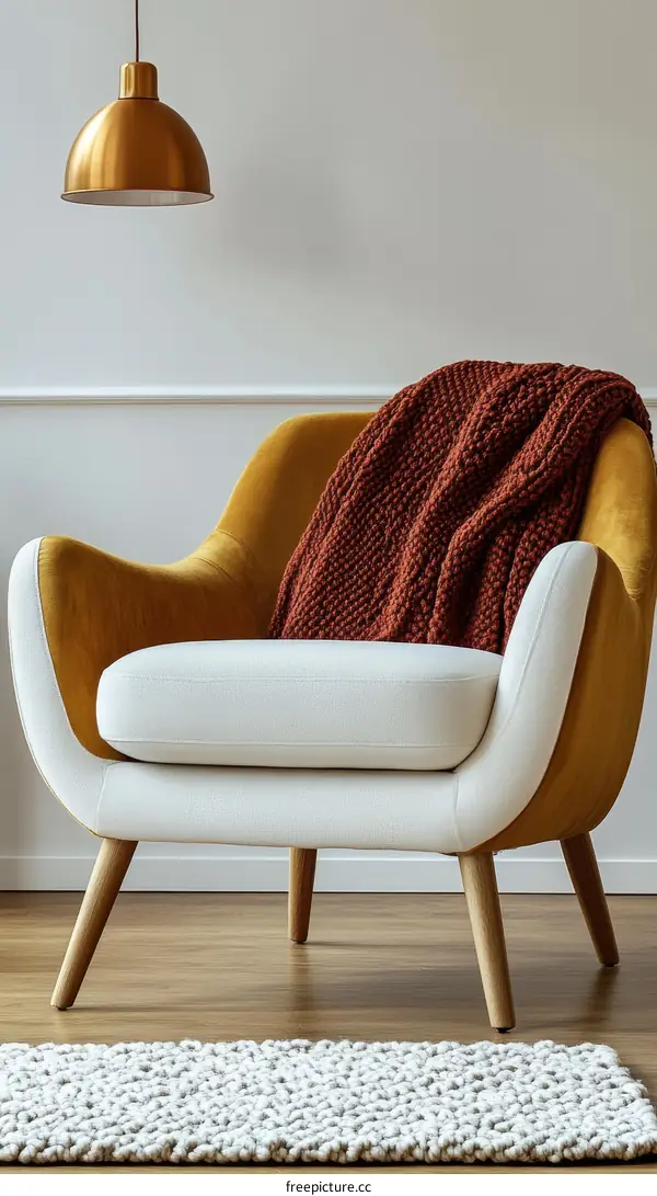Modern Mustard Yellow and White Armchair with Knitted Throw