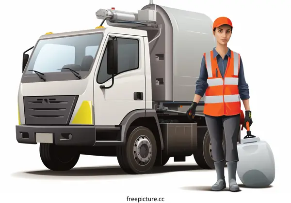 Sanitation Worker in Orange Vest and Hard Hat Next to Garbage Truck