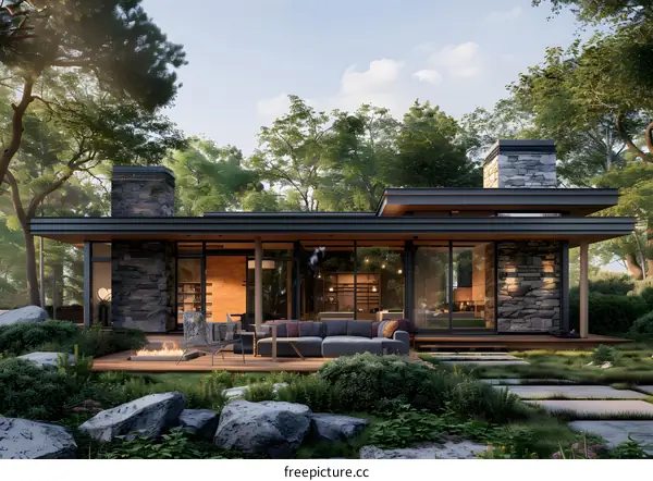 Modern house in the forest with a fire pit