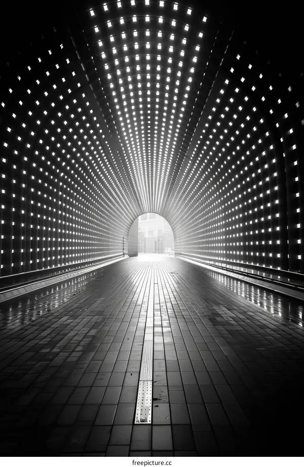 Black and white photo of a long, dark tunnel with bright lights at the end