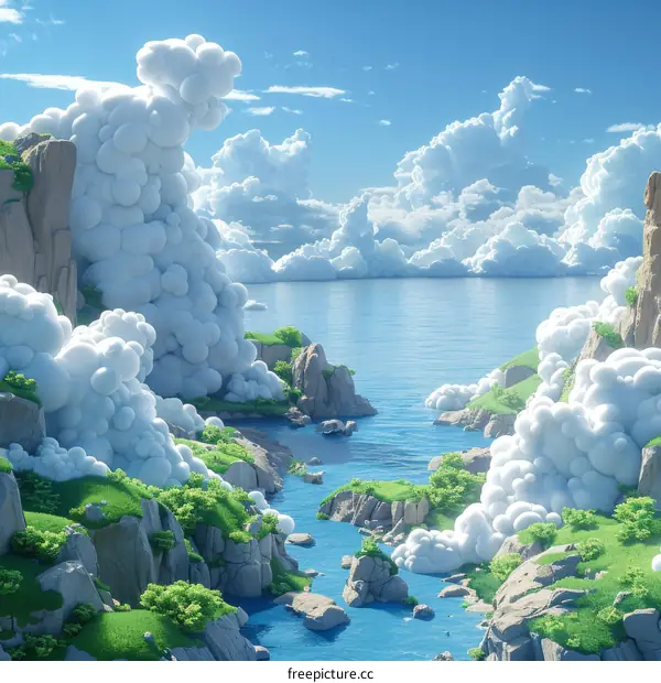 Dreamy Landscape With Fluffy Clouds And Clear Blue Water