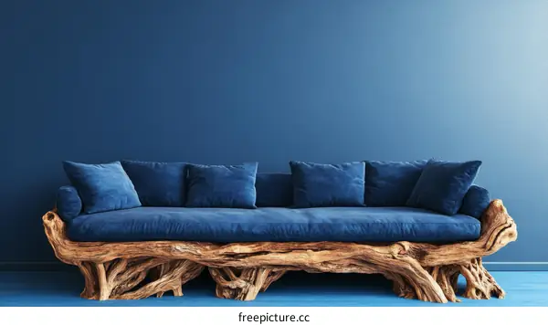 Modern Blue Sofa with Wooden Root Base