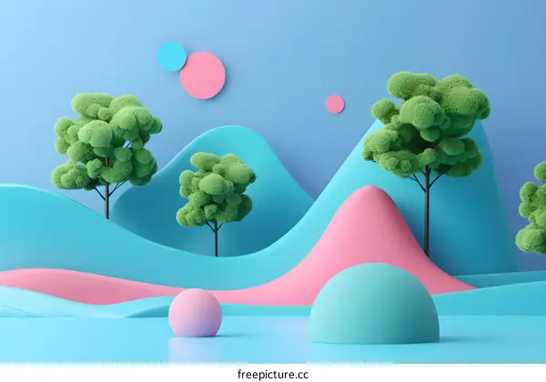 3D Illustration of Green Trees in a Blue and Pink Landscape