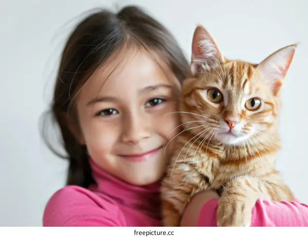 Little girl hugging a ginger cat