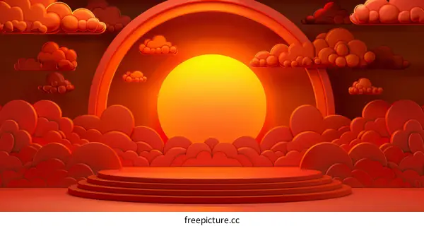 3D Rendered Red Sky Background with Sun and Clouds