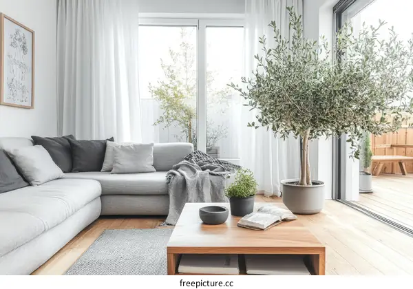 Modern Living Room with Large Olive Tree