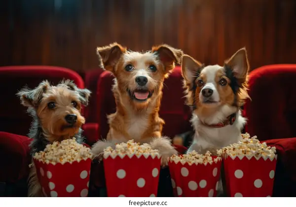 Three dogs sitting in a row in a movie theater