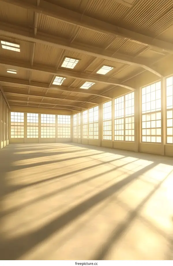 Empty Industrial Warehouse with Large Windows and Sunbeams
