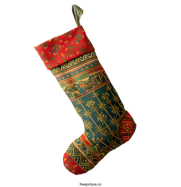 [Transparent Background PNG]Green and Red Christmas Stocking with Golden Embroidered Design
