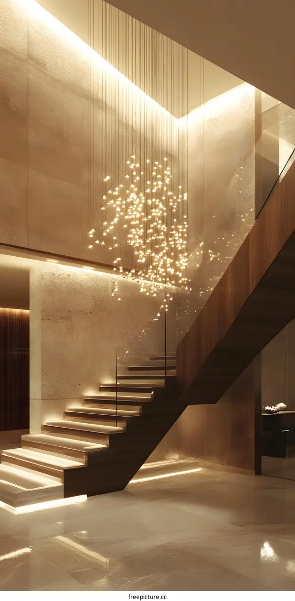 Modern Staircase Interior Design with Glass Railing and Chandelier
