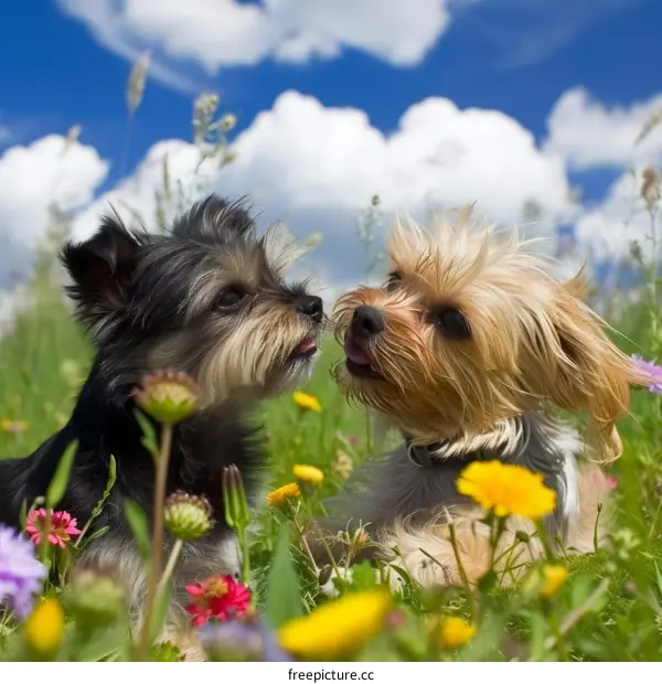 Two small dogs sniffing each other in a field of flowers