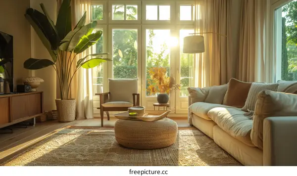 Bright living room with large windows and a comfortable sofa