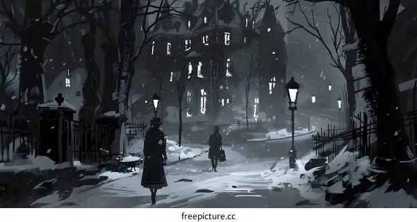 Snowy Night Scene with Two People Walking Towards a Tall Building