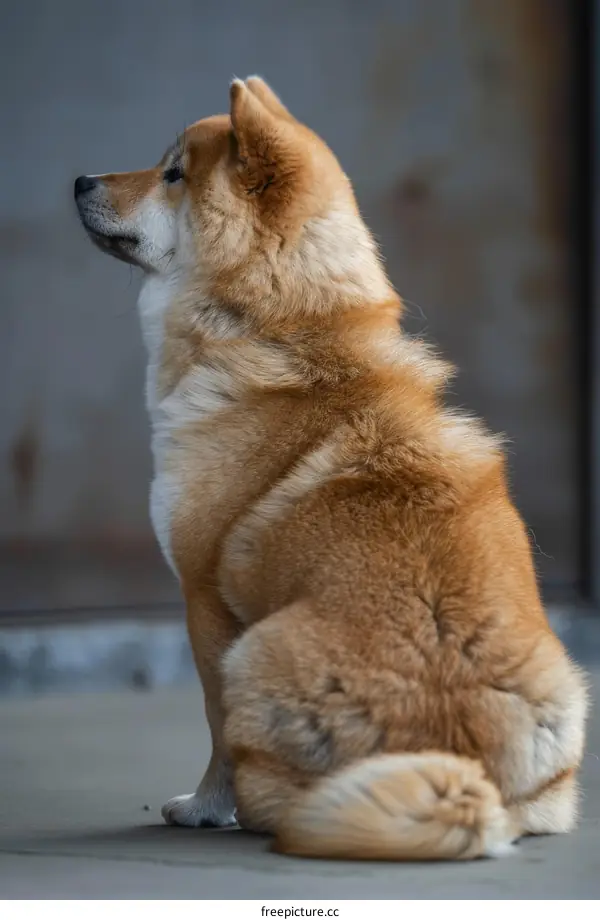 A ginger Shiba Inu dog is sitting on the ground with its back to the camera