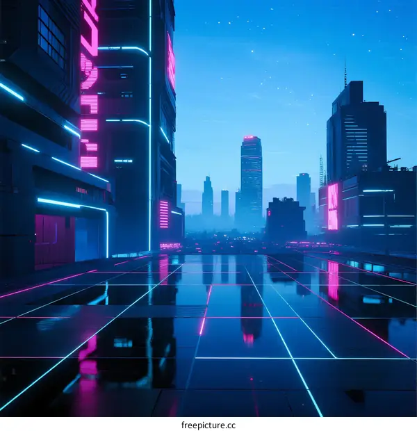 Neon-Lit Urban Nightscape with Futuristic Buildings and Reflective Pools