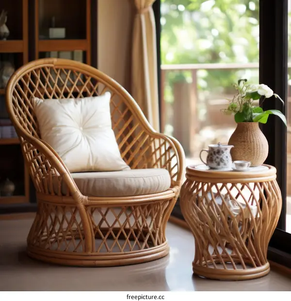 A comfortable wicker chair and a small table with a vase of flowers