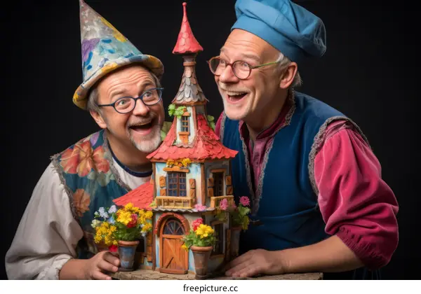 Two Men Dressed as Mythical Creatures Smile at Camera