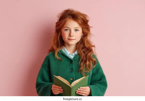 Girl Reading Book in Green Sweater Against Pink Background