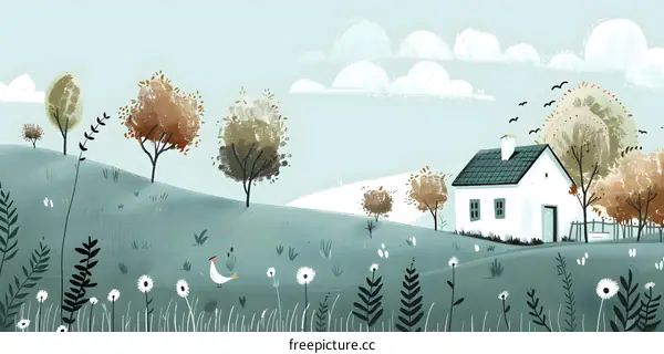 Illustrated Countryside Landscape with White House and Birds