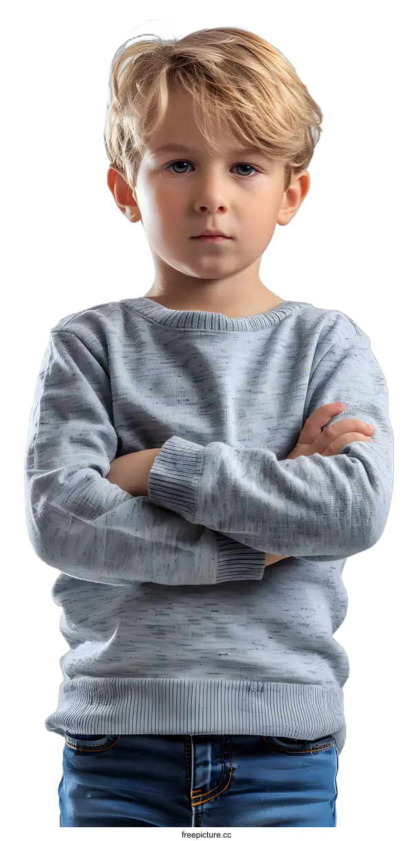 [Transparent Background PNG]Portrait of a Serious Young Boy with Arms Crossed