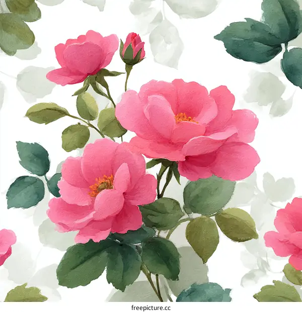 Watercolor Floral Pattern of Pink Roses