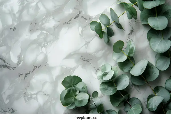 Close-up of eucalyptus leaves on marble background