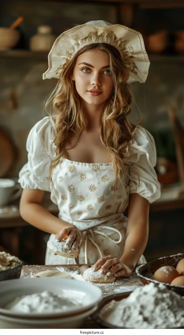 portrait of a beautiful young woman in a vintage dress preparing dough for baking