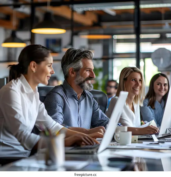 Smiling Business Team Working in Modern Office with Laptops