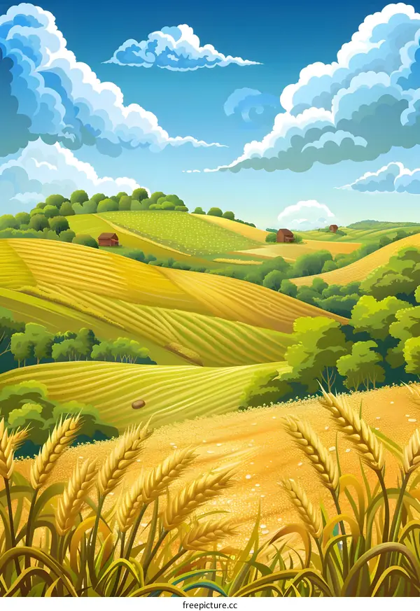 Beautiful Landscape With Wheat Field and Rolling Hills
