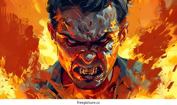 A man with a scarred face and glowing eyes is yelling.