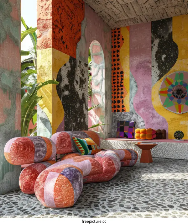 Artistic colorful interior design living room with sofa and plants