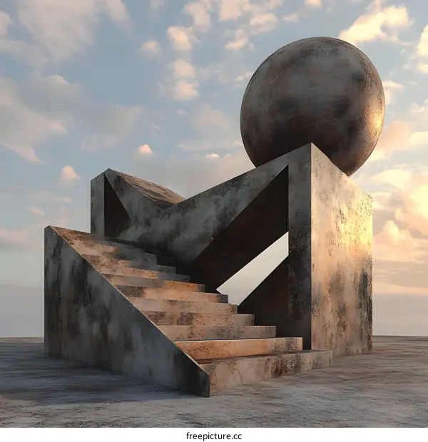 Abstract Rusty Geometric Sculpture With Stairs and a Sphere