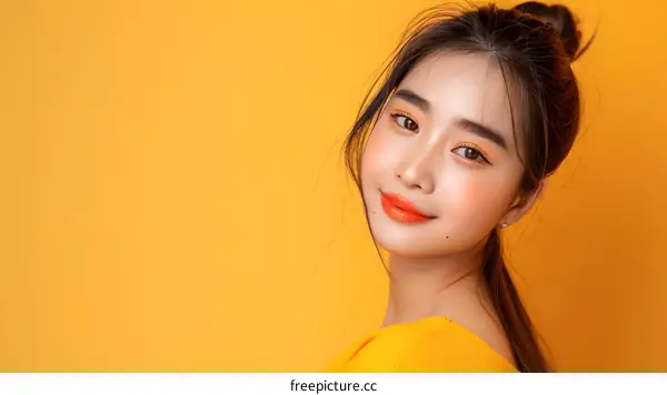 Smiling Asian Woman with Yellow Background