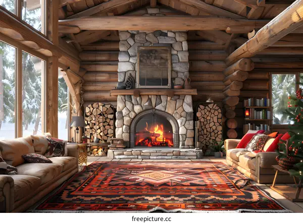 Cozy Rustic Log Cabin Living Room with Fireplace and Christmas Tree