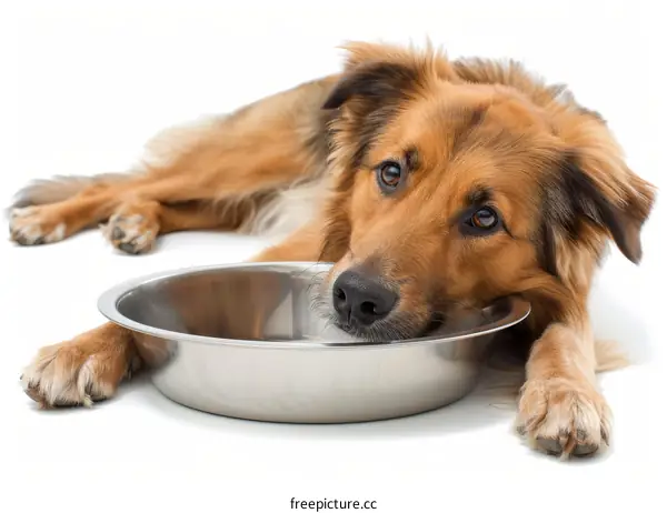A cute brown dog is lying down next to a silver bowl