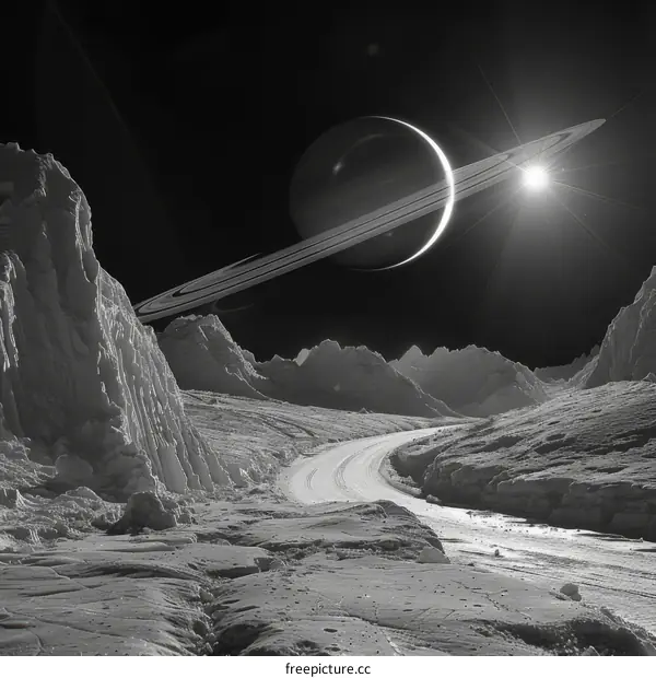 Rocky Moon and Ringed Planet in Vast Space