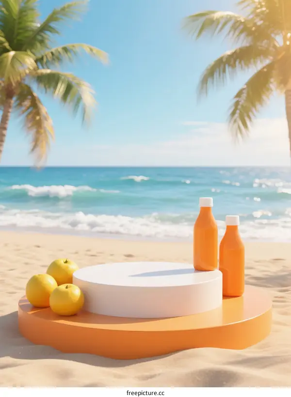 Beach Scene with Orange Podium and Fresh Juices on Sand