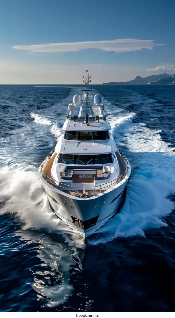 A large white motor yacht cruises the open seas