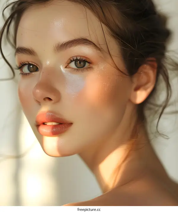 Close-up portrait of a beautiful young woman with green eyes and freckles