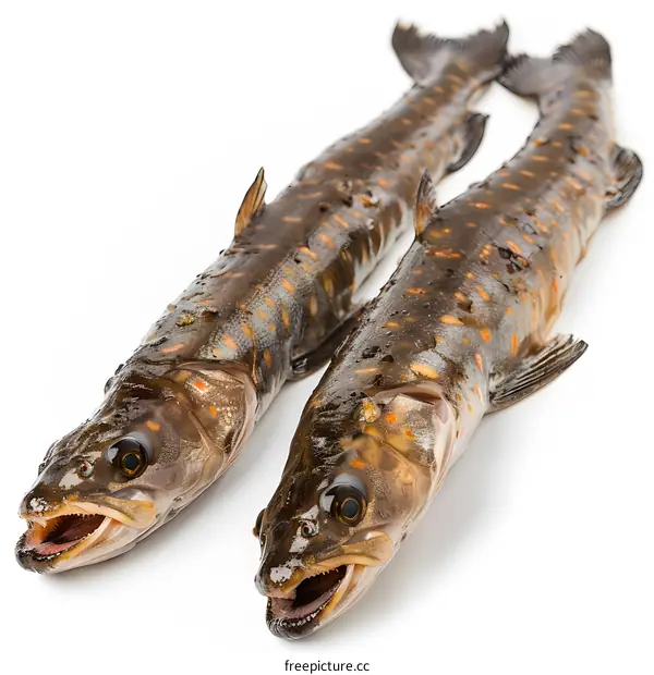 Two raw freshwater fish on a white background