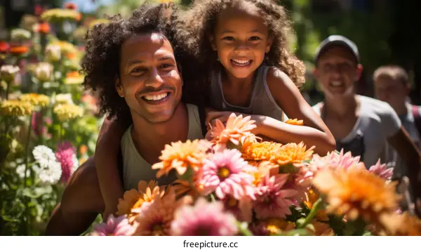 Happy family picking flowers in a field