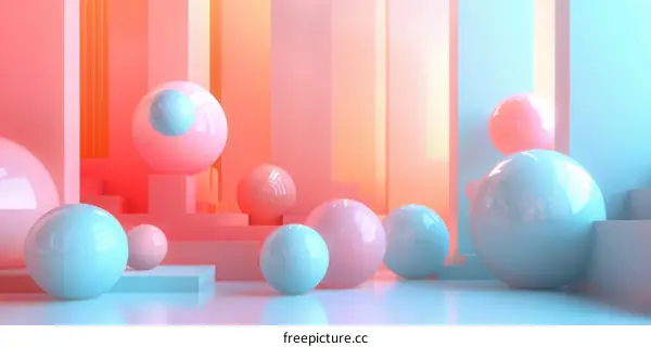Pastel geometric shapes composition with pink and blue spheres