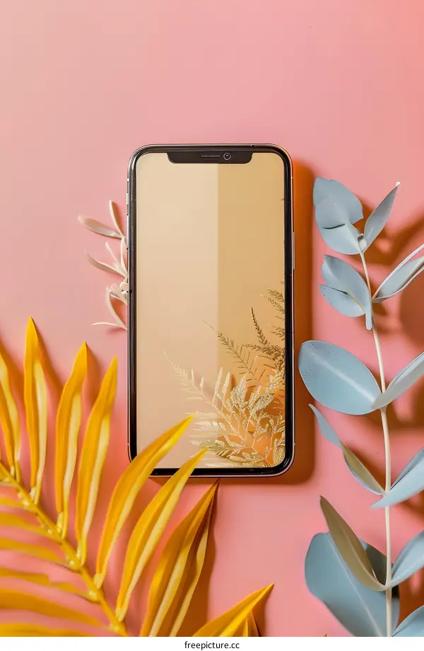 Golden Smartphone On Pink Background With Leaves