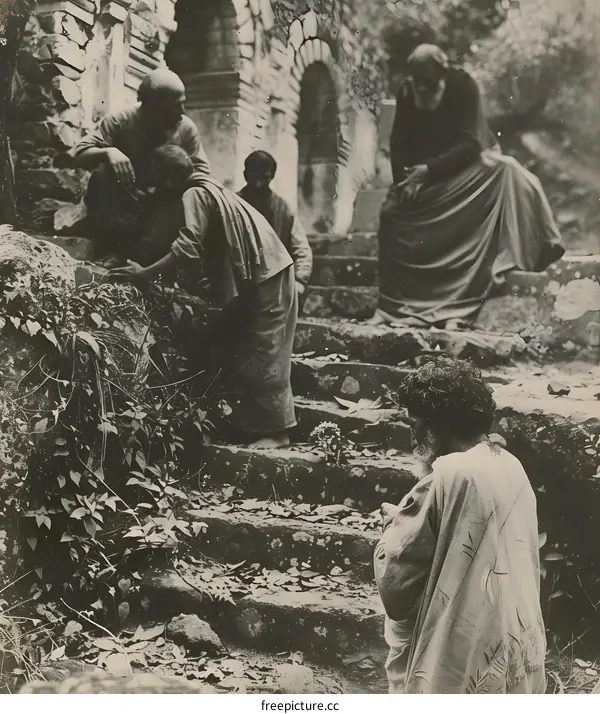 A group of people visiting the ruins of an ancient temple