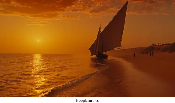 A group of people walking on a beach with a boat in the ocean at sunset
