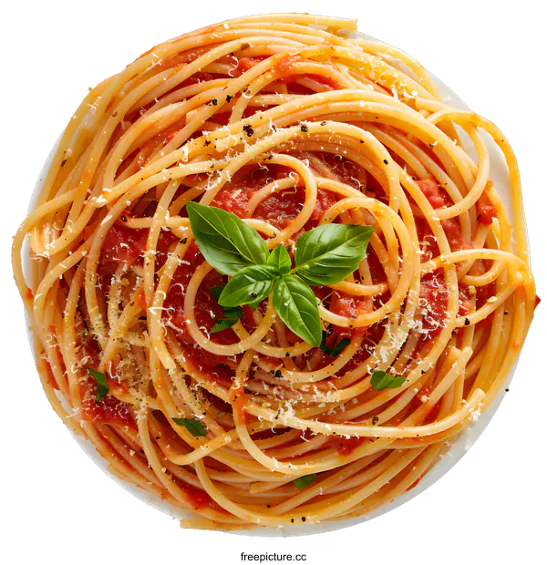 [Transparent Background PNG]spaghetti pasta with tomato sauce and basil leaves