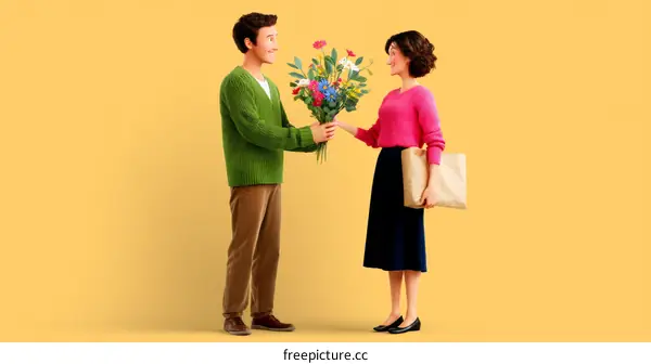 A Couple Exchange Flowers and Gift on a Yellow Background