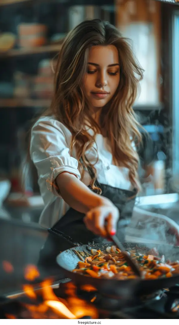 Young Female Chef Cooking Vegetables Over Open Flame