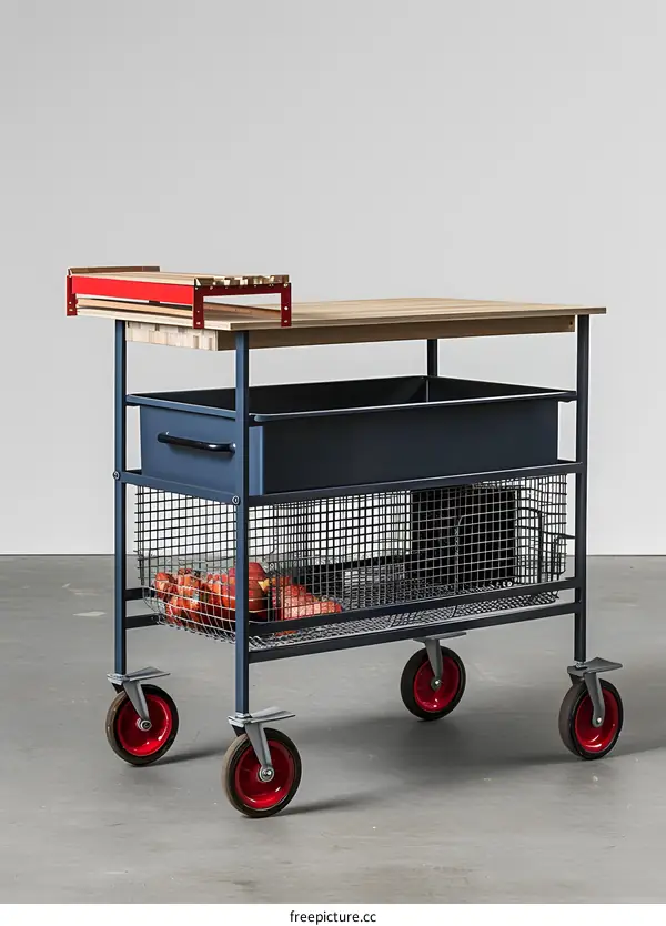 Metal Rolling Workbench with Wooden Top